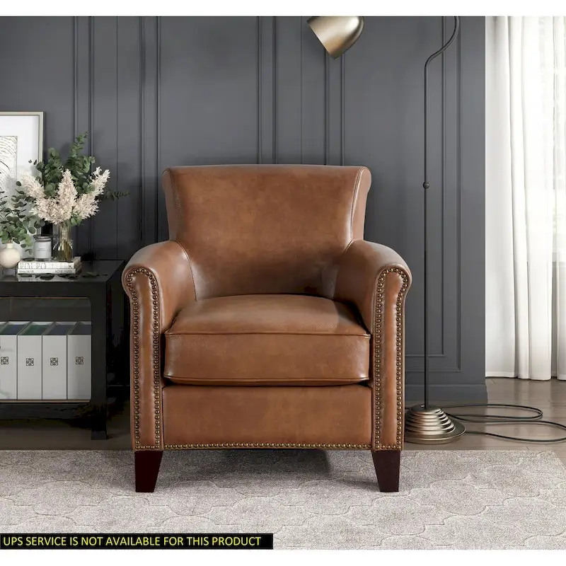 Traditional Leather Accent Chair 1pc Solid Wood Frame Top-Grain Leather Nailhead Trim Classic Modern Living Room Furniture