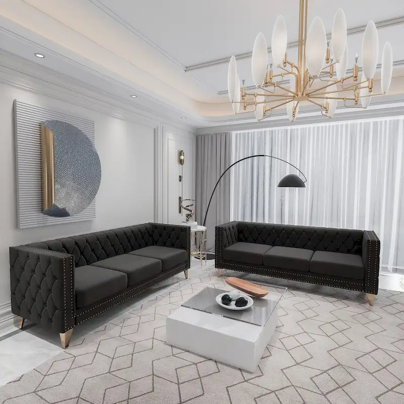 2-Pieces Velvet Upholstered 3 Seat Sofa, Classic Chesterfield Couch Buttons Tufted Square Arm Sofa with Nailheads and Metal Legs