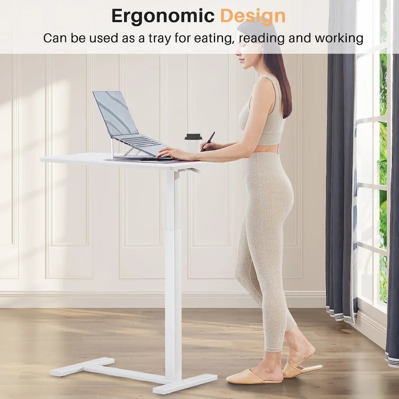 27.56 in. White Laptop Desk with Wheels, Adjustable Height Overbed Bedside Table Mobile Standing Desk