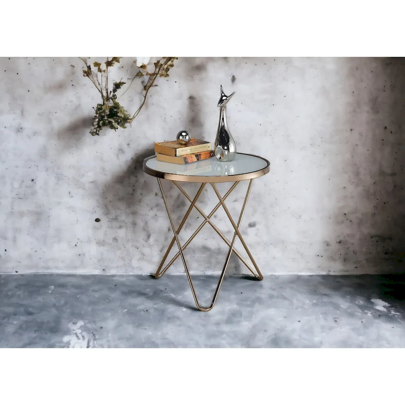 Frosted Glass Top & Champagne Finish Round End Table, with V-shaped Metal Base