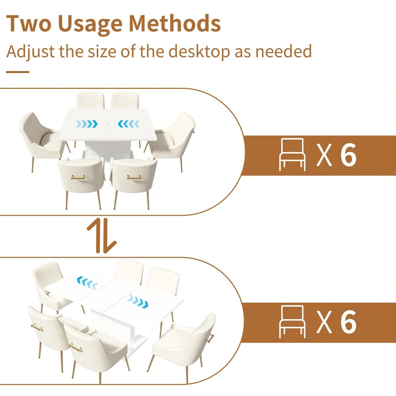 7-Piece Clihome High-gloss Extendable Table Velvet Chair Dining Set