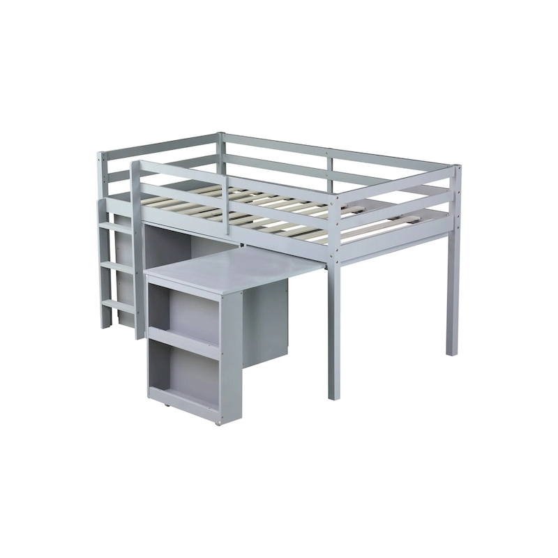 Twin Loft Bed with Pull-Out Desk, 3-Drawer Cabinet & Shelves