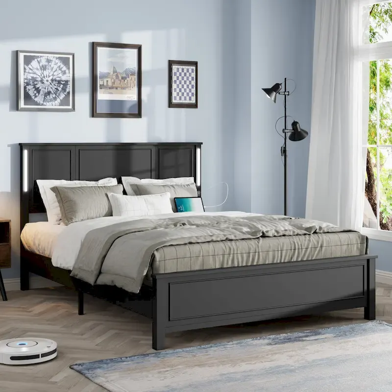 Queen Size Platform Bed with Wood Headboard and Charger
