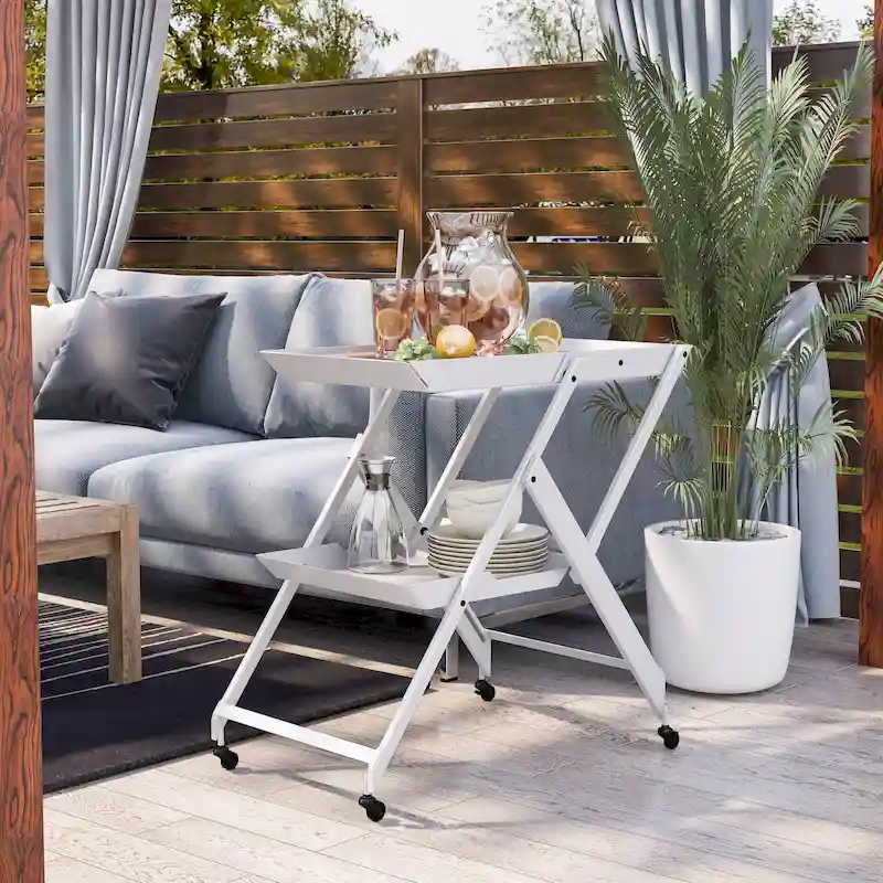 Contemporary Steel 2-Shelf Folding Server Cart with Wheeled Base