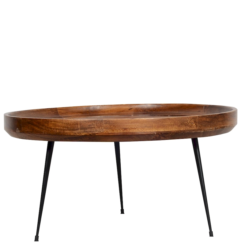 Gia Round Mango Wood Coffee Table With Splayed Metal Legs, Brown and Black