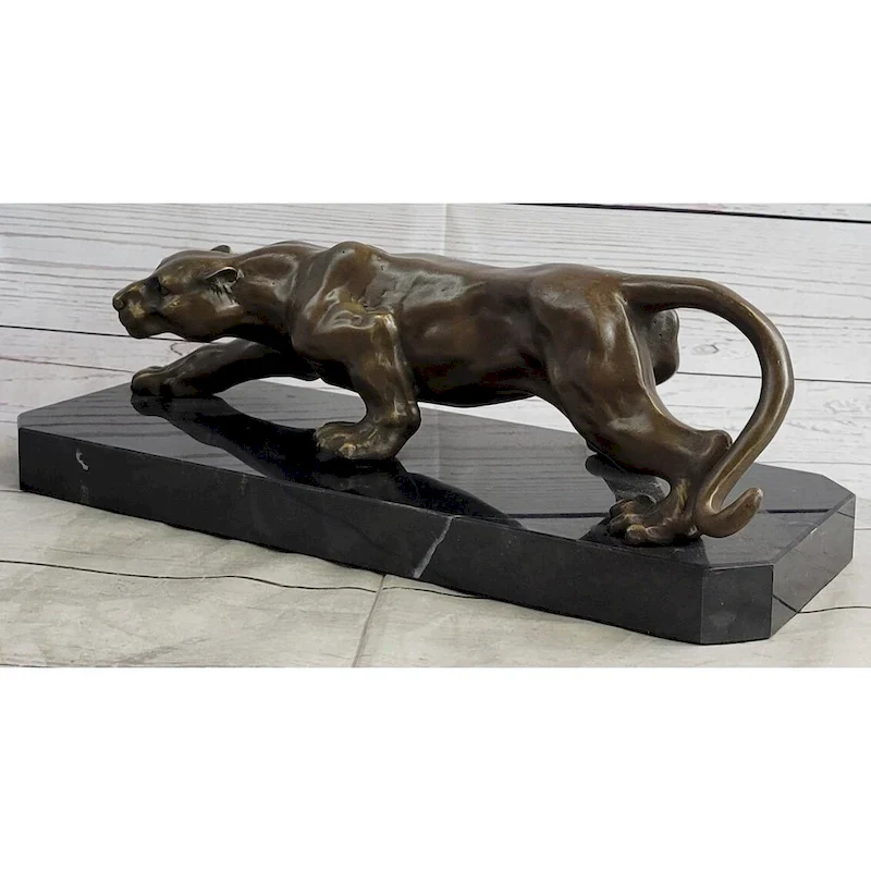 Cougar Puma Panther Mountain Lion Bronze Sculpture Statue On Marble Base