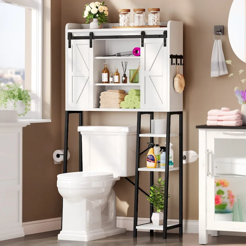 Moasis 61 Tall Over The Toilet Storage Cabinet Rack with Farmhouse Sliding Door and Metal Base