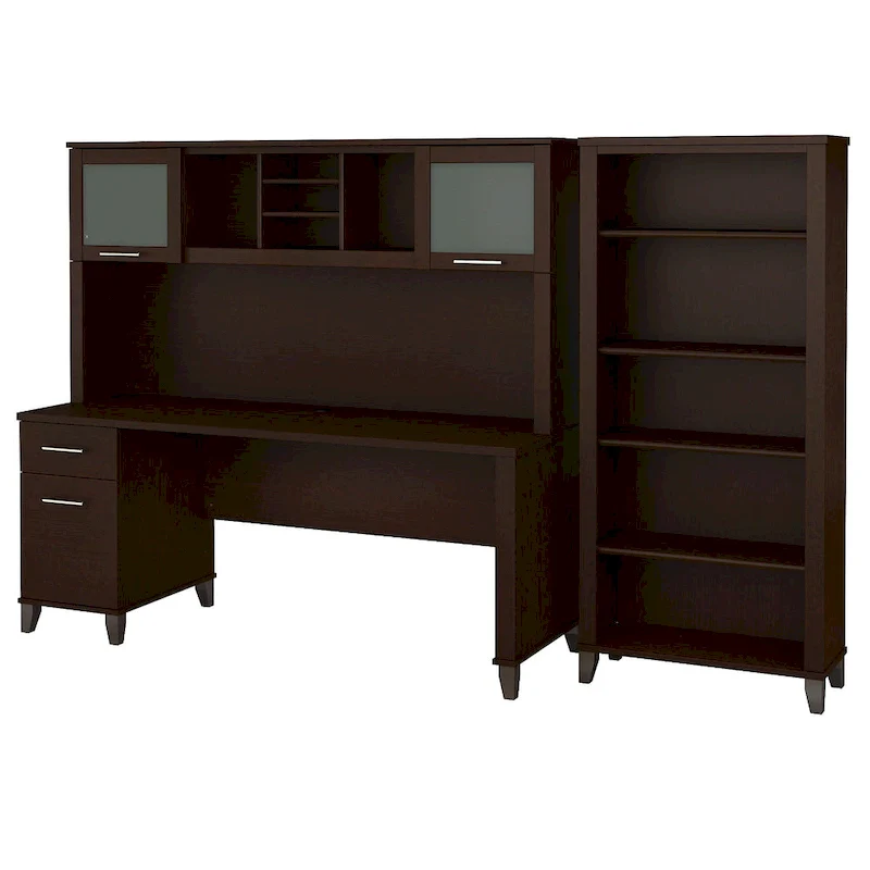 Somerset 72W Office Desk with Hutch and 5 Shelf Bookcase in Ash Gray