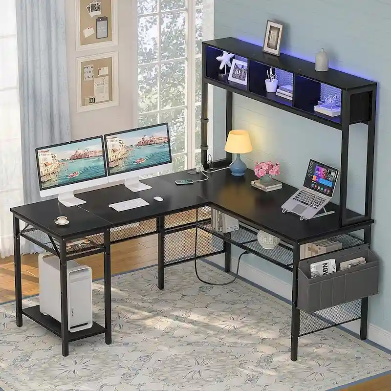 Reversible L-shaped Computer Desk with Storage Shelves and LED Strip and Power Outlets,Corner Desk Gaming Table