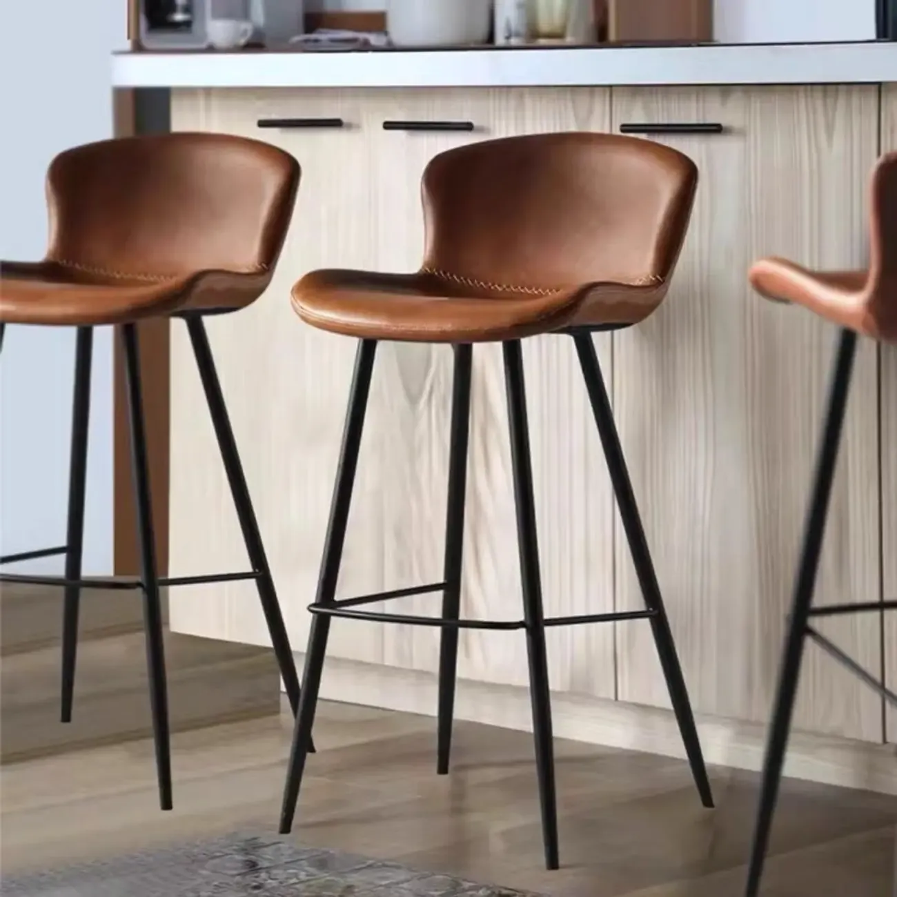 Brown Leather Saddle Seat Low Back Bar Stool