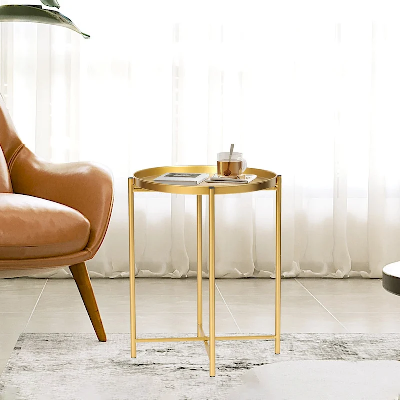 Adeco Gold End Table Metal Waterproof Snack Beside Table Accent Coffee Table - 16.9(D)x 16.9(W)x 20.5(H)