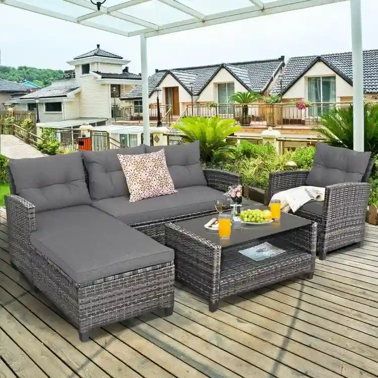 4 Pieces Patio Rattan Furniture Set with Cushion and Table Shelf - 27.5 x 47 x 30 (L x W x H)