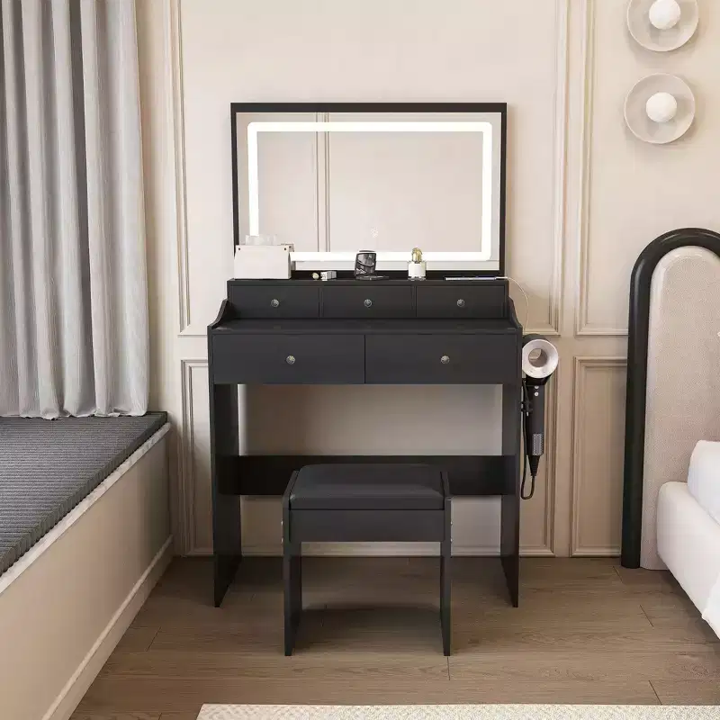 Okak Modern Vanity Table with Large Mirror & Lights,Storage Dressing Desk with Drawers & Small Stool,Makeup Table Set for Bedrooms