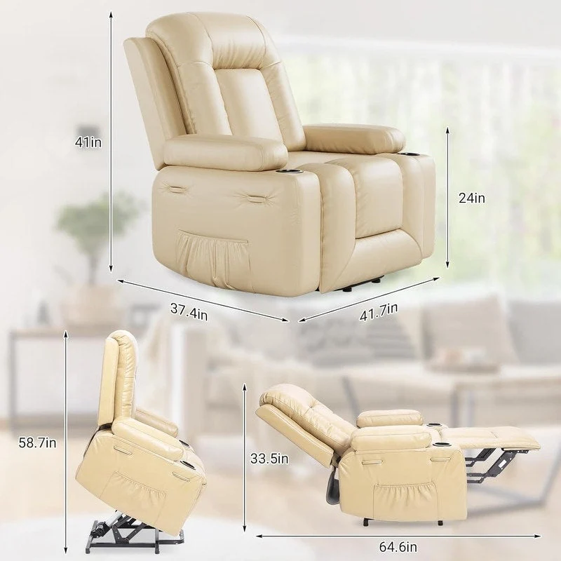 Power lift recliner chair with massage, cup holders, and side pocket.