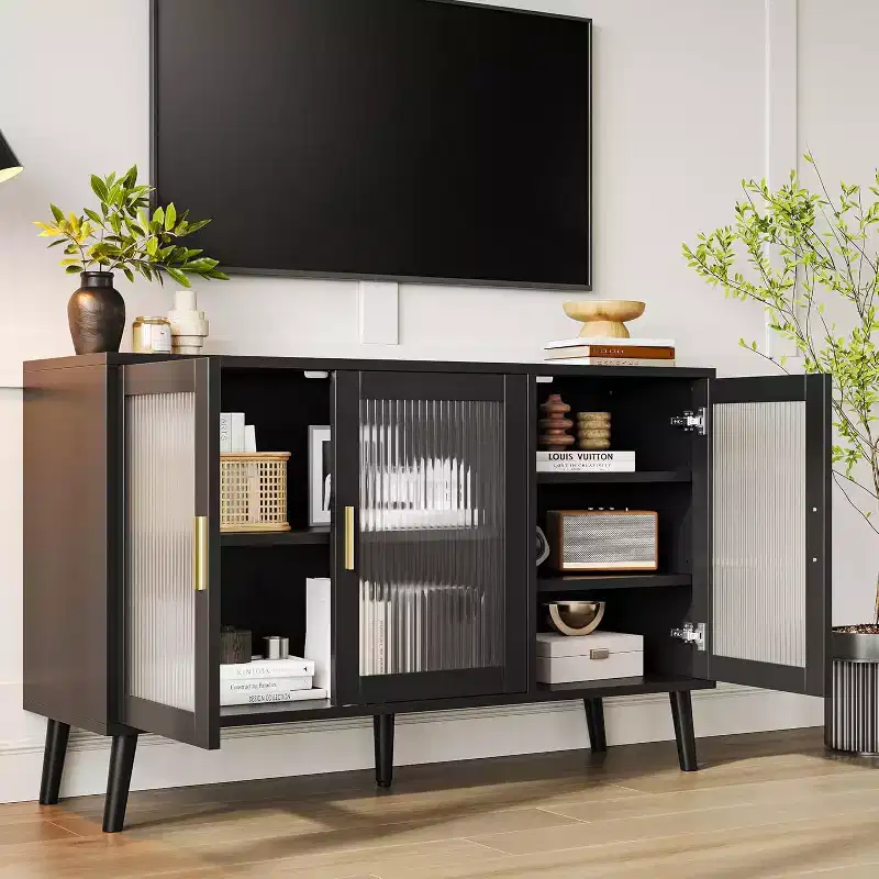 48 Black Buffet Cabinet, Modern Sideboard Kitchen Cabinet with Glass Door and Removable Shelves