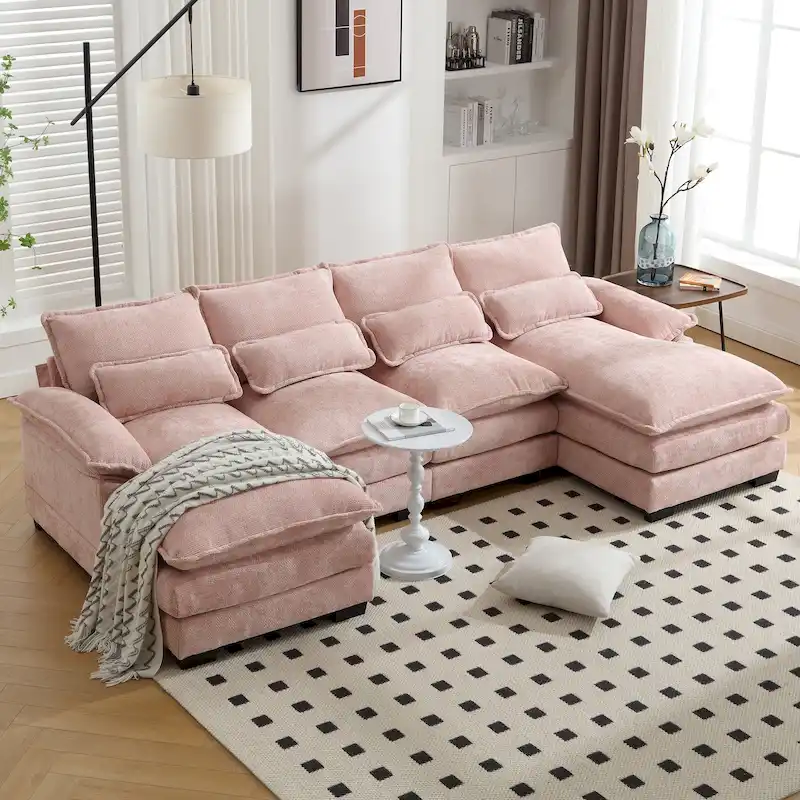 Chenille Upholstered U-Shaped Living Room Sectional Sofa With Wooden Legs