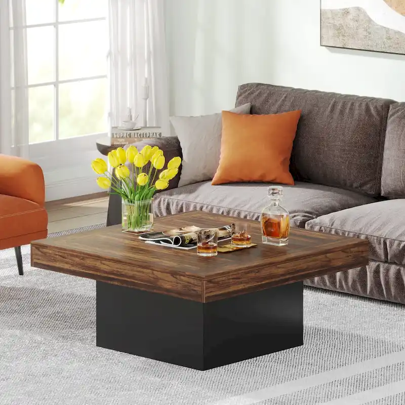 Farmhouse Coffee Table Square LED Coffee Table Engineered Wood Coffee Table