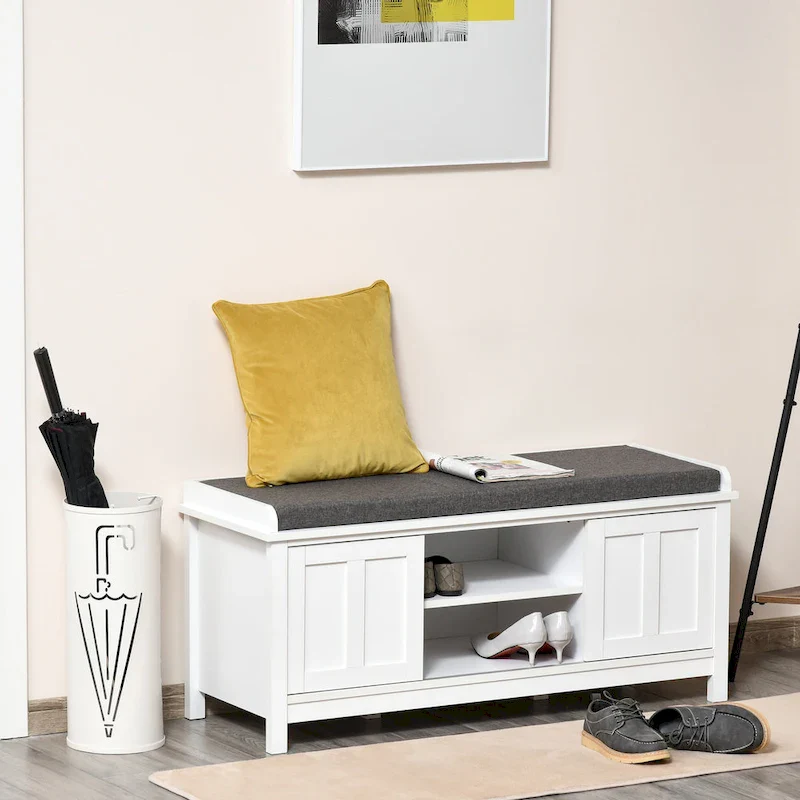 HOMCOM Entryway Shoe Bench Storage Ottoman with Adjustable Shelving, 6 Compartments, and Padded Seat, White/Grey