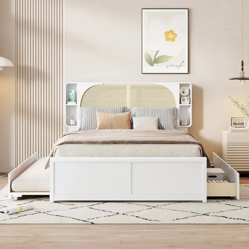 White Queen Size Platform Bed with Rattan Headboard,Two Drawers and Trundle