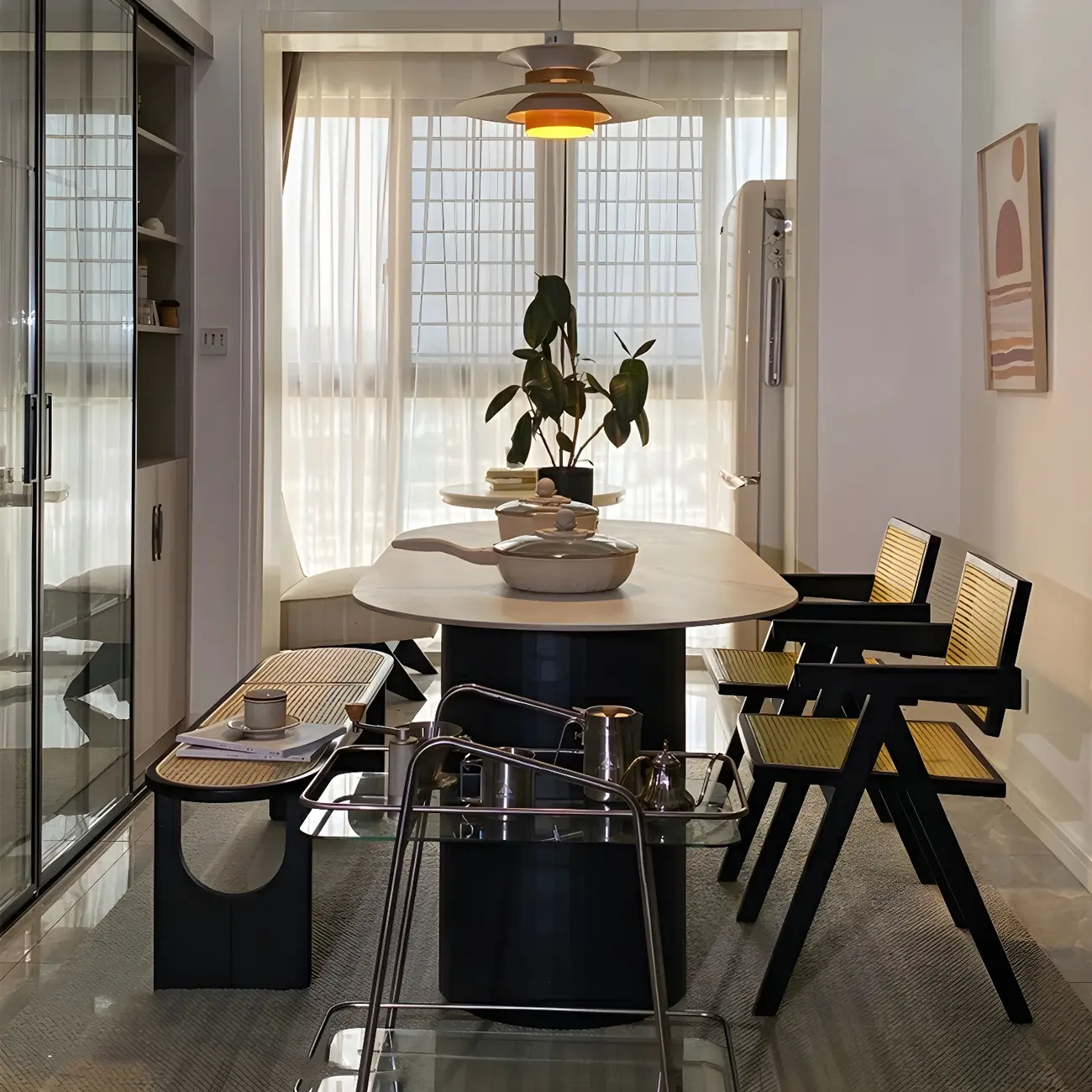 Rectangular Black Rattan Top Rubberwood Bench