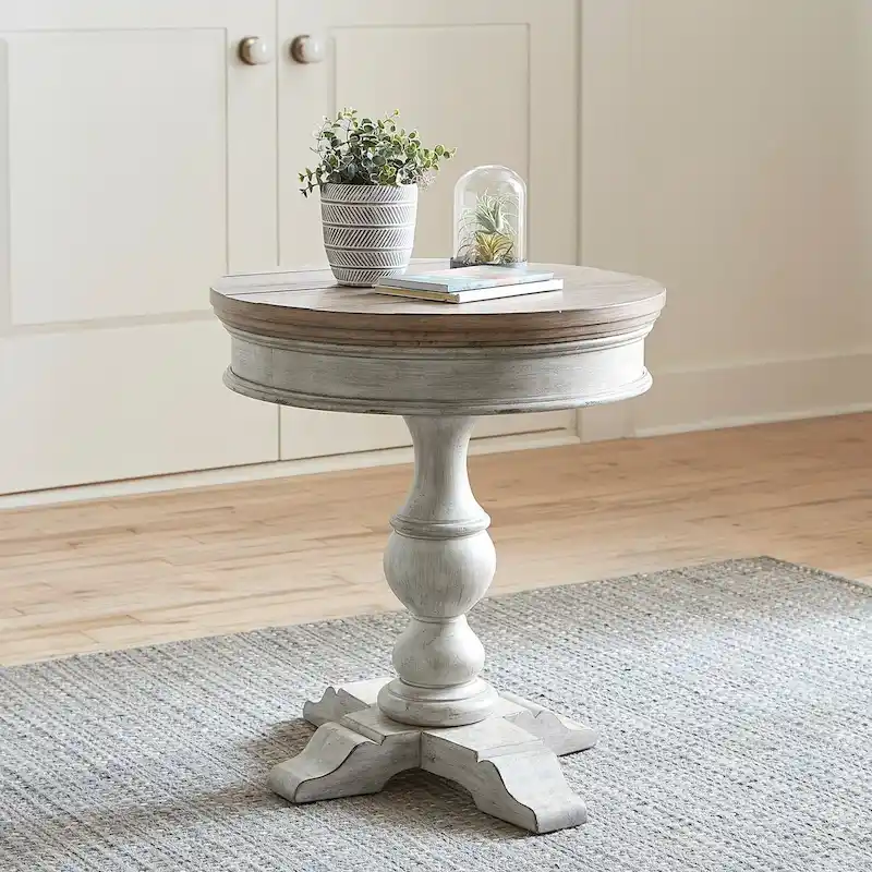 Heartland Antique White Round Pedestal Chair Side Table