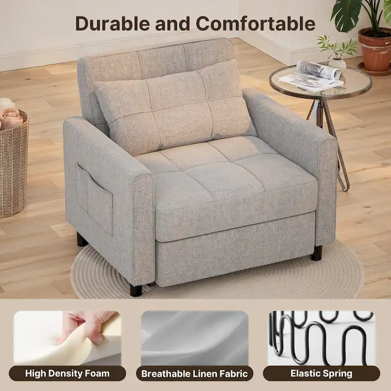 3-in-1 Pull-Out Sofa Bed Sleeper Chair , Convertible Adjustable Foldable Upholstered Lounge Couch