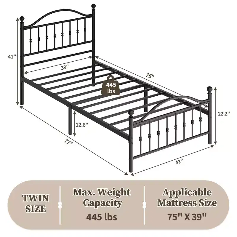 Metal Bed Frame – Matte Black, Round Headboard & Footboard, 1-Person