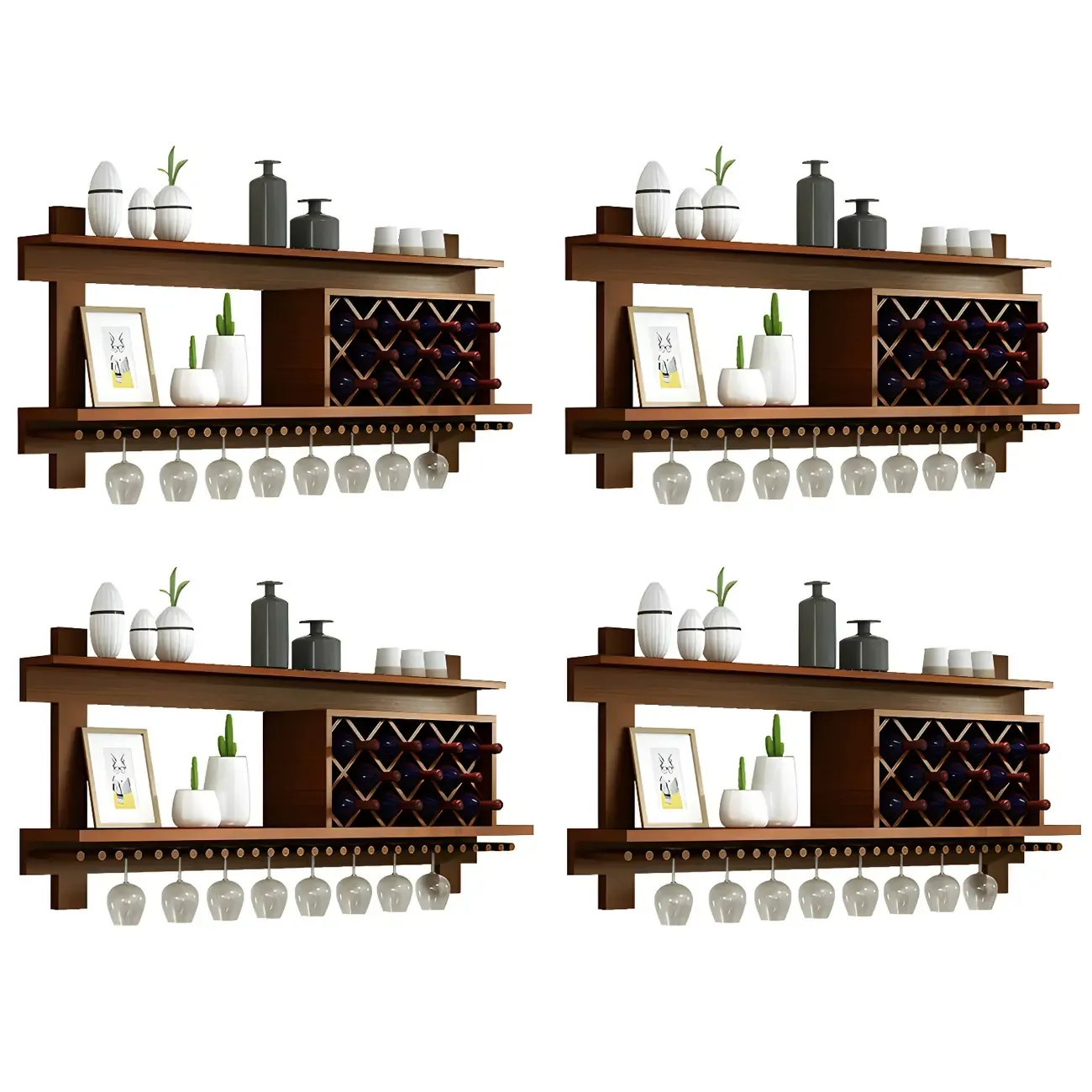 Pine Wooden Wall-Mounted Display Open Wine Bottle & Glass Rack