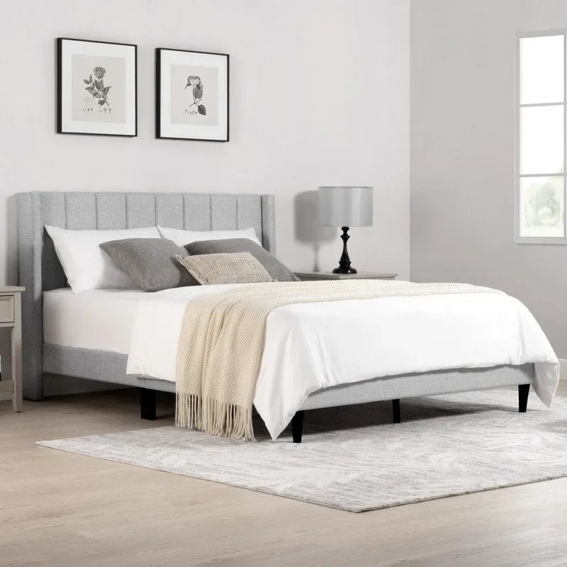Upholstered Wingback Platform Bed with Channel-Tufted Headboard