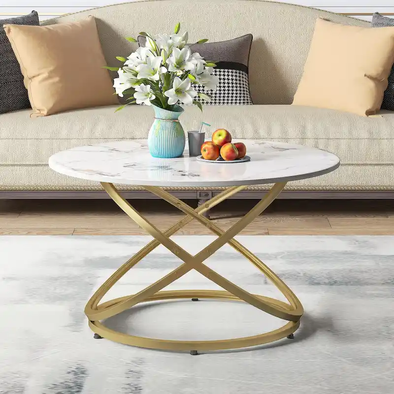 Myhozm Accent Round Glass/Stone Top Coffee Table with Metal Base