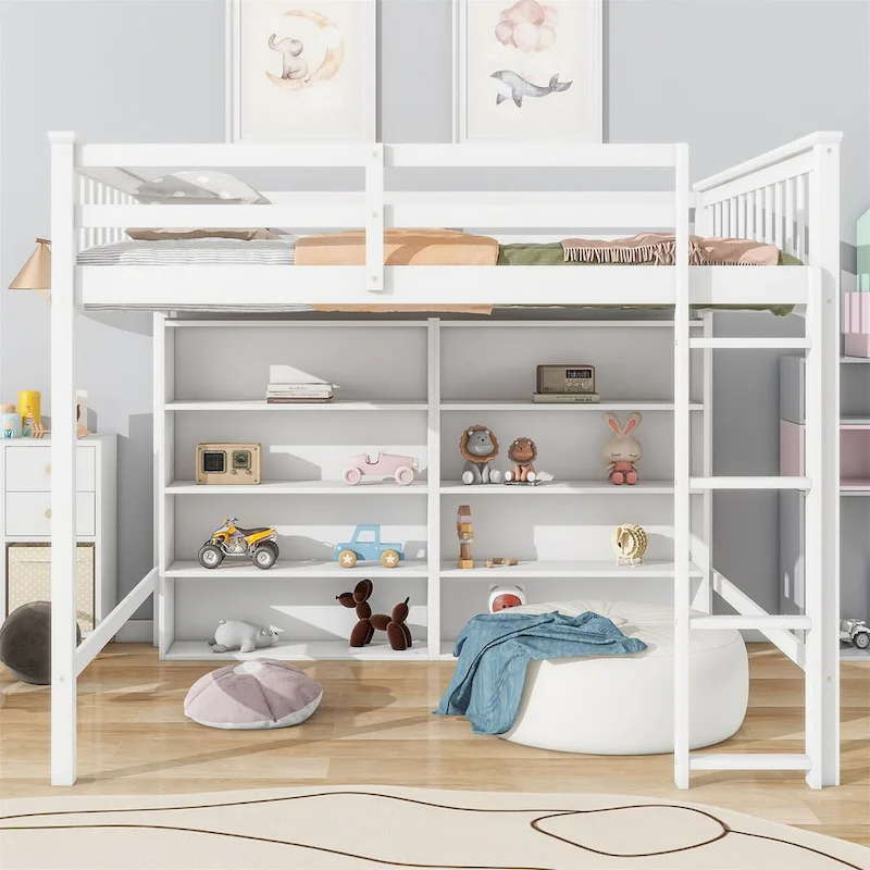 Full Size Loft Bed with 8 Storage Shelves – White / Grey, Pine + MDF, Sleeps 1