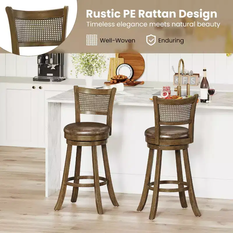 2 Bar Stools 30 Swivel Bar Chairs w/ PE Rattan Backrest Bar Height