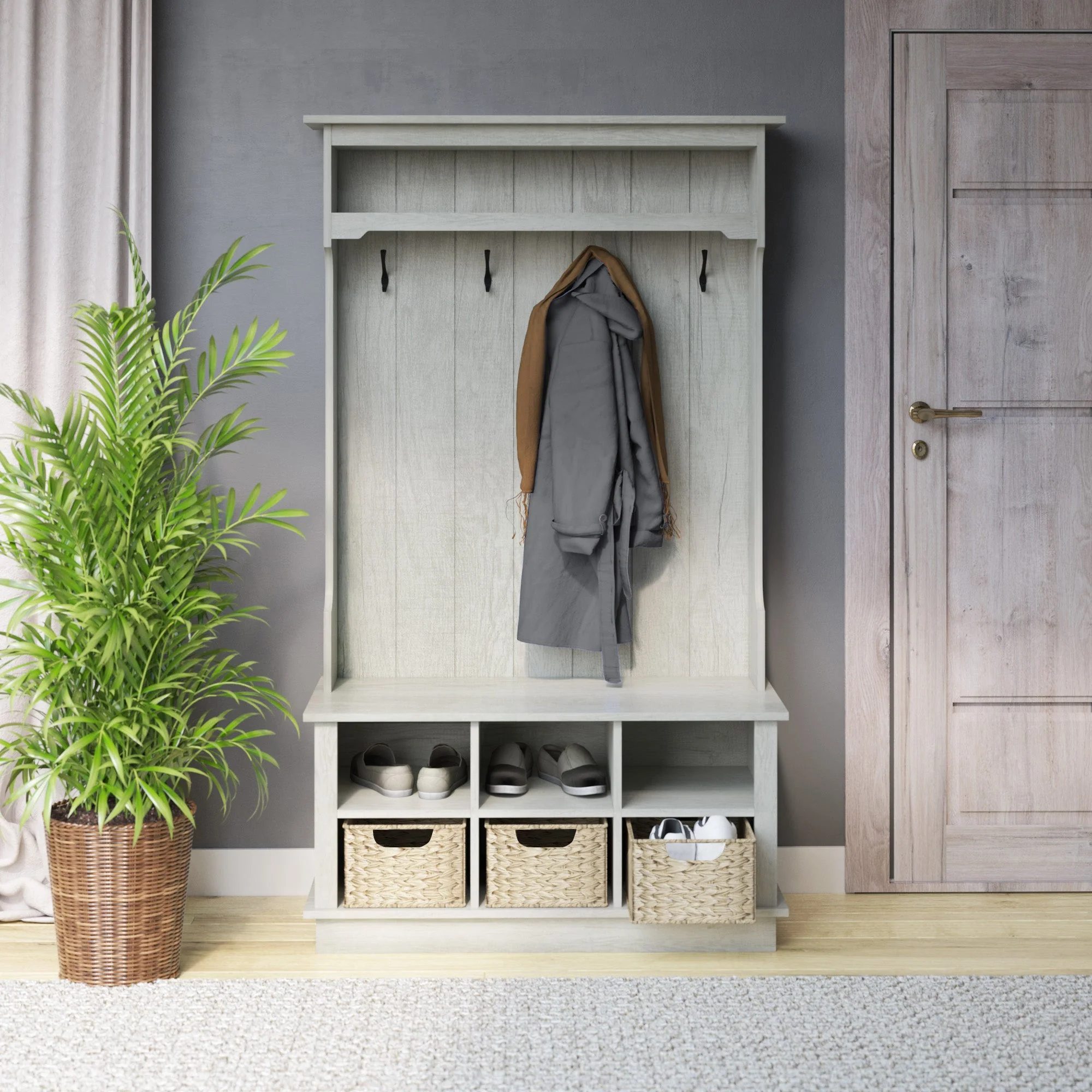 Entryway Hall Tree with Baskets and Open Storage