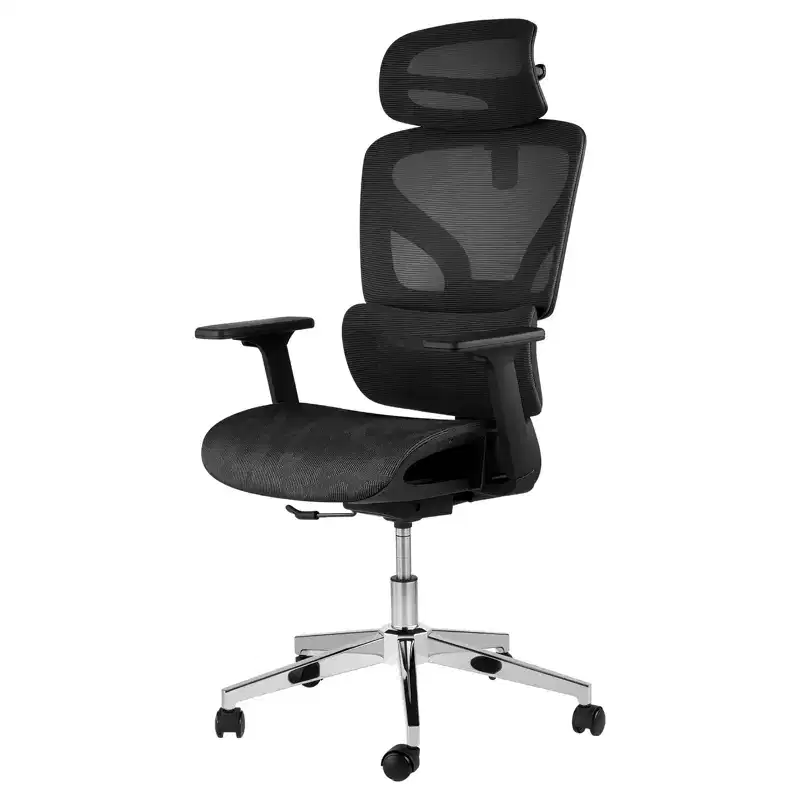 Black / Grey Mesh High-Back Ergonomic Office Chair for 1 — 4D Armrests, Headrest, Lumbar Support