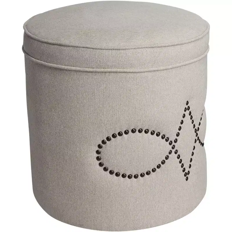 55 Downing Street Iriza Oatmeal Nailhead Round Ottoman