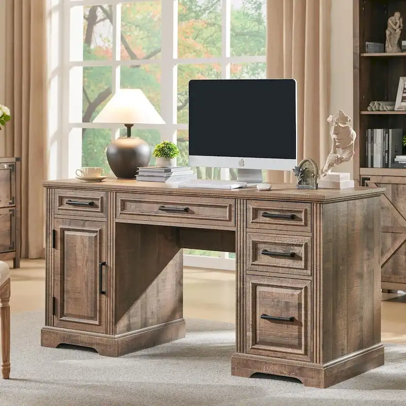 58  Large Computer Desk with Drawers, Embossed Texture Office Desk