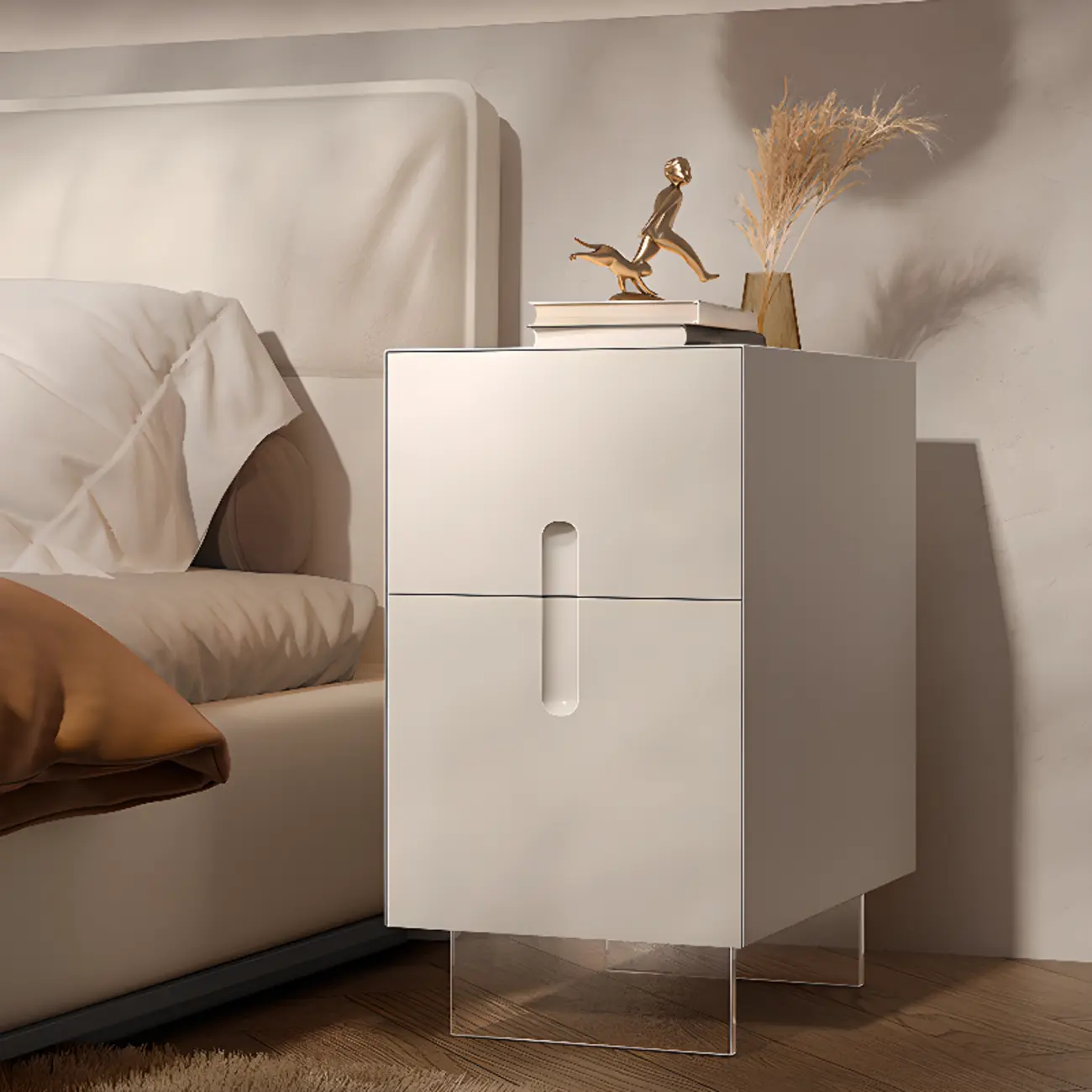 Modern White Wood Clear Base 2-Drawer Nightstand