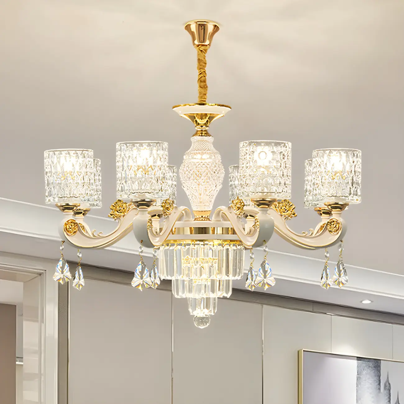 White Gold Cylinder Ripple Glass Chandelier with Crystal
