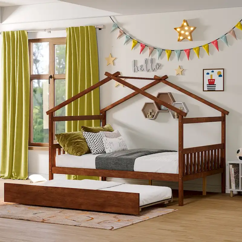 Wooden Full House Day Bed with Trundle
