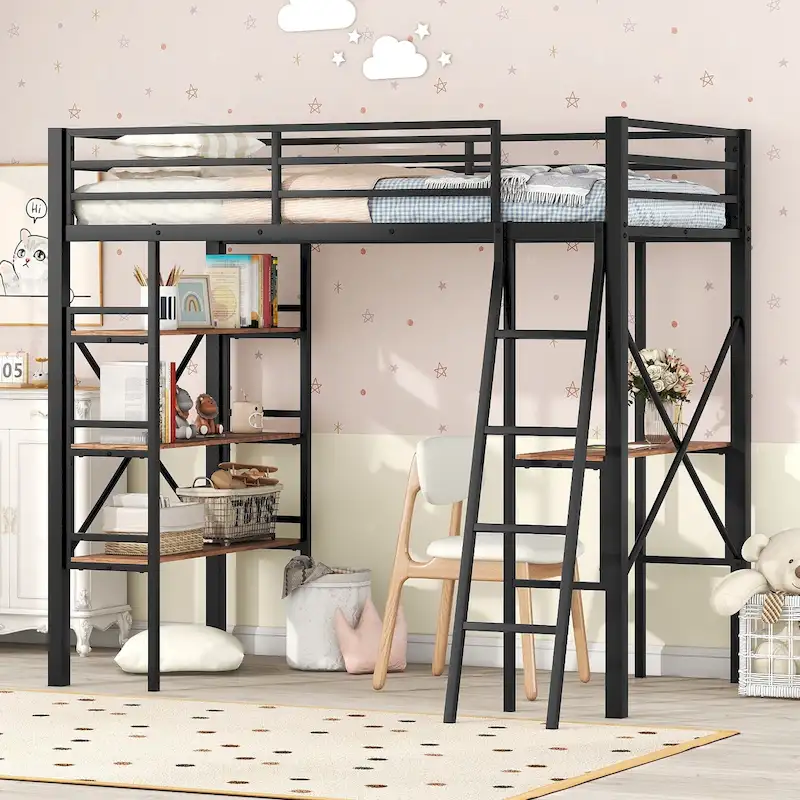Twin Size Metal Loft Bed with Shelves and Desk for Kids