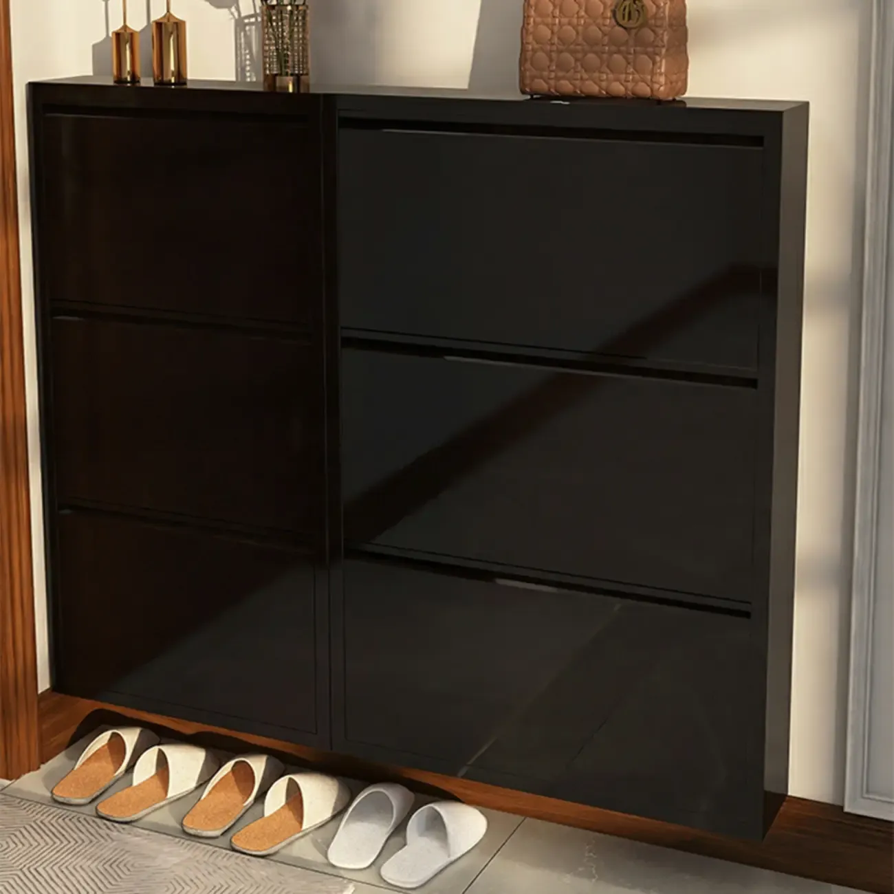 Gloss Black Wall Mounted Wooden Slim Drop Front Shoe Cabinet