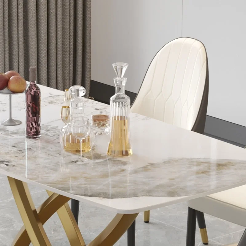 71 Modern Dining Table with Rectangular Sintered Stone Tabletop and Gold Base