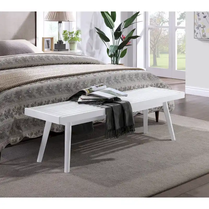 Roundhill Furniture Larwich Solid Wood Slatted Bench, White - 56.30W x 16.50D x 17.50H