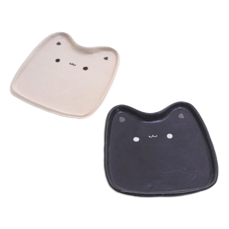 Novica Handmade Black & White Felines Ceramic Catchalls (Set Of 2)