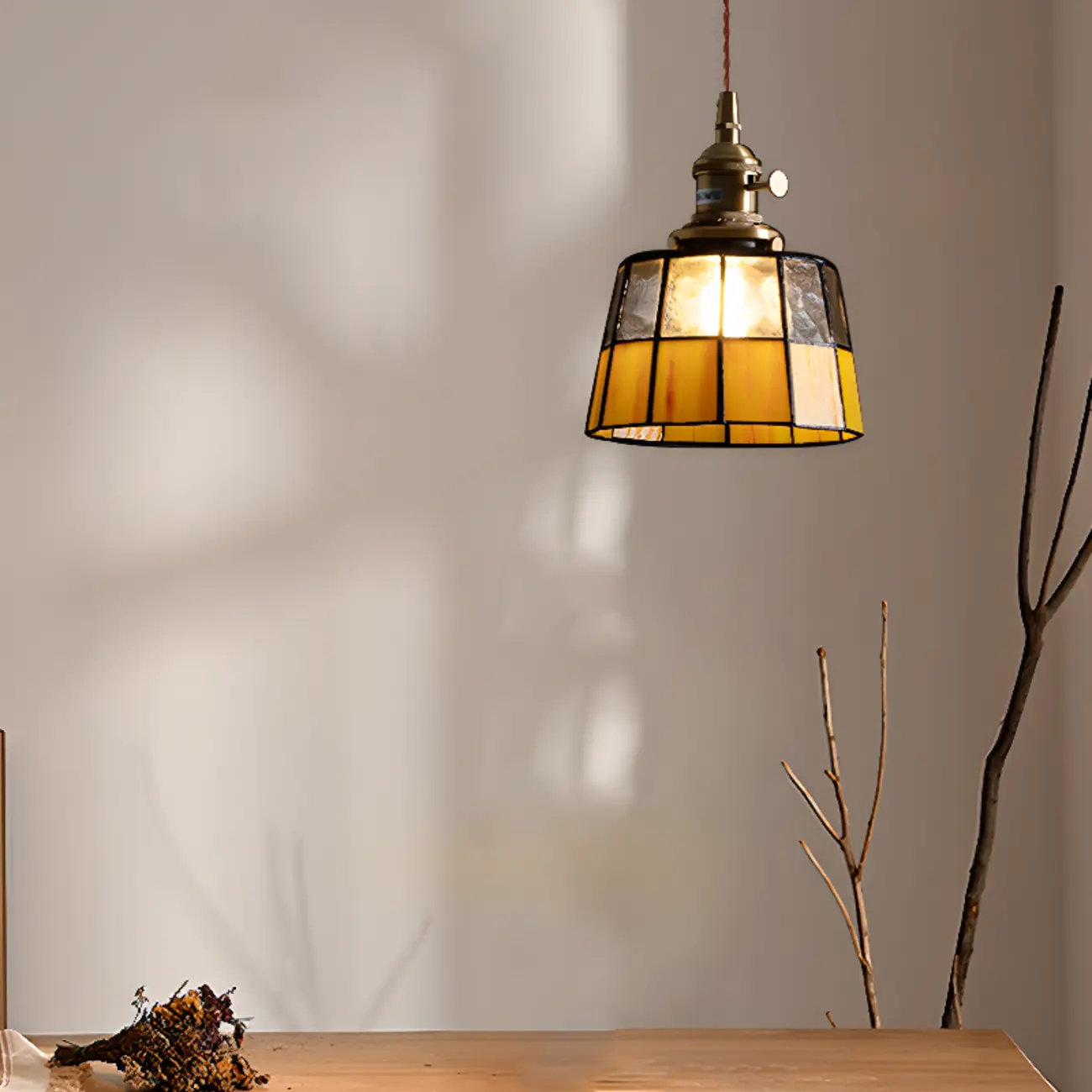 Frosted Yellow Glass Antique Brass Geometric Pendant Light