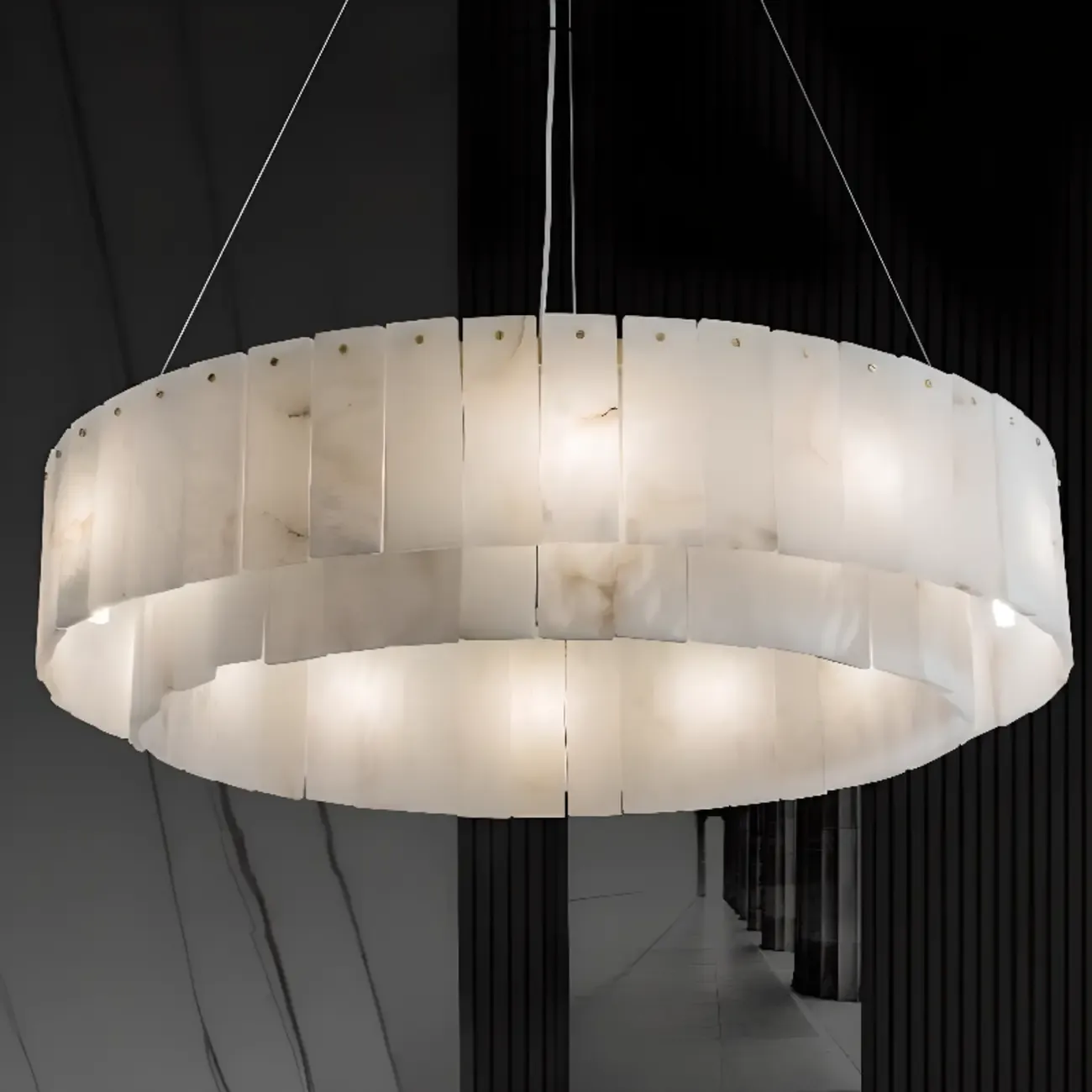 2-Tiers White Metal Circle Alabaster Drum Chandelier