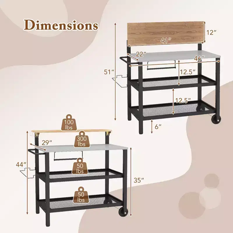 Rolling Bar Cart w/ Flip-up Table Hooks Paper Towel Holder Trash Bag Holder