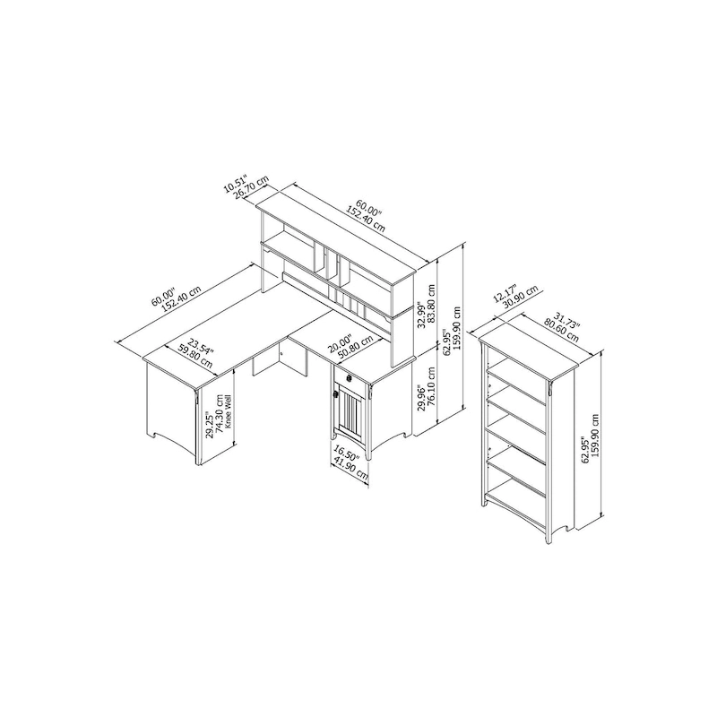 Salinas 60W L Shaped Desk with Hutch and 5 Shelf Bookcase in White