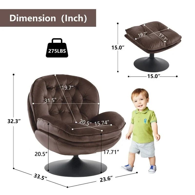 Velvet Swivel Accent Chair with Ottoman Round Reading Accent Chair Foot Stool Ottoman Set,360 Swivel,Metal Frame