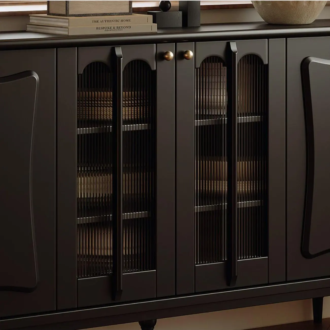 Medieval Style Black Wooden Buffet Table with Shelves